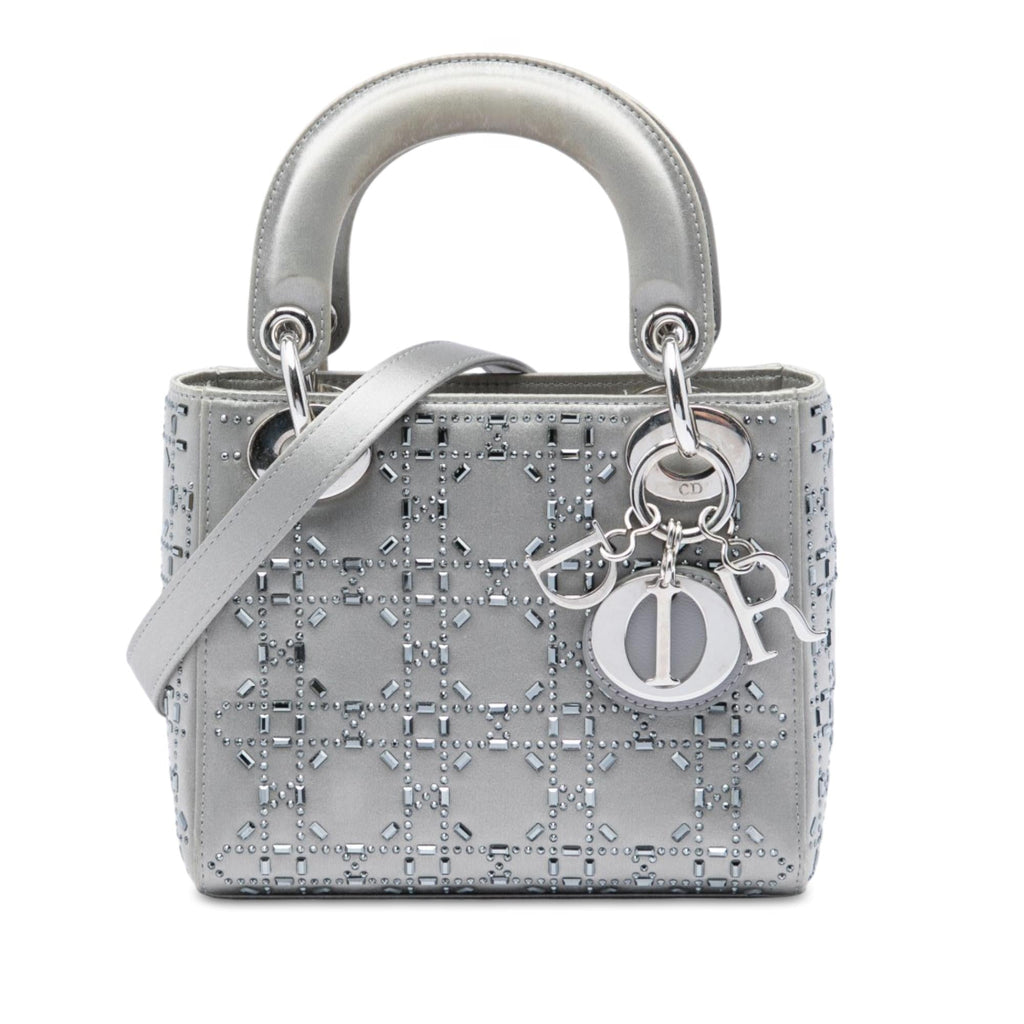 Dior Mini Satin Cannage Crystal Embellished Lady Dior Satchel - Grey