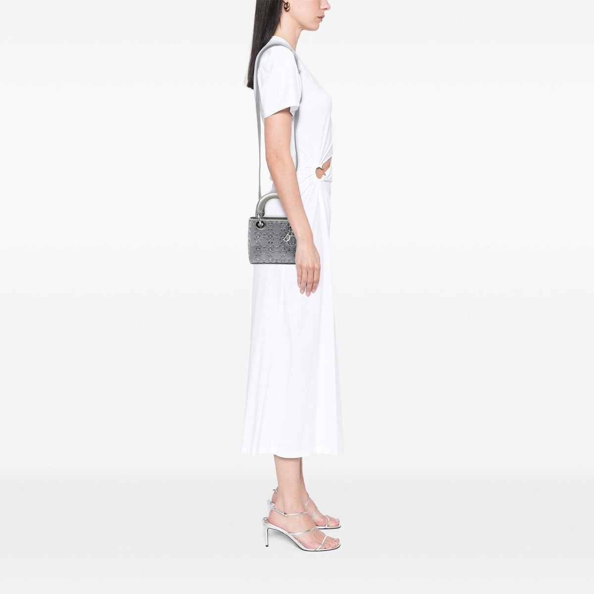Dior Mini Satin Cannage Crystal Embellished Lady Dior Satchel - Grey