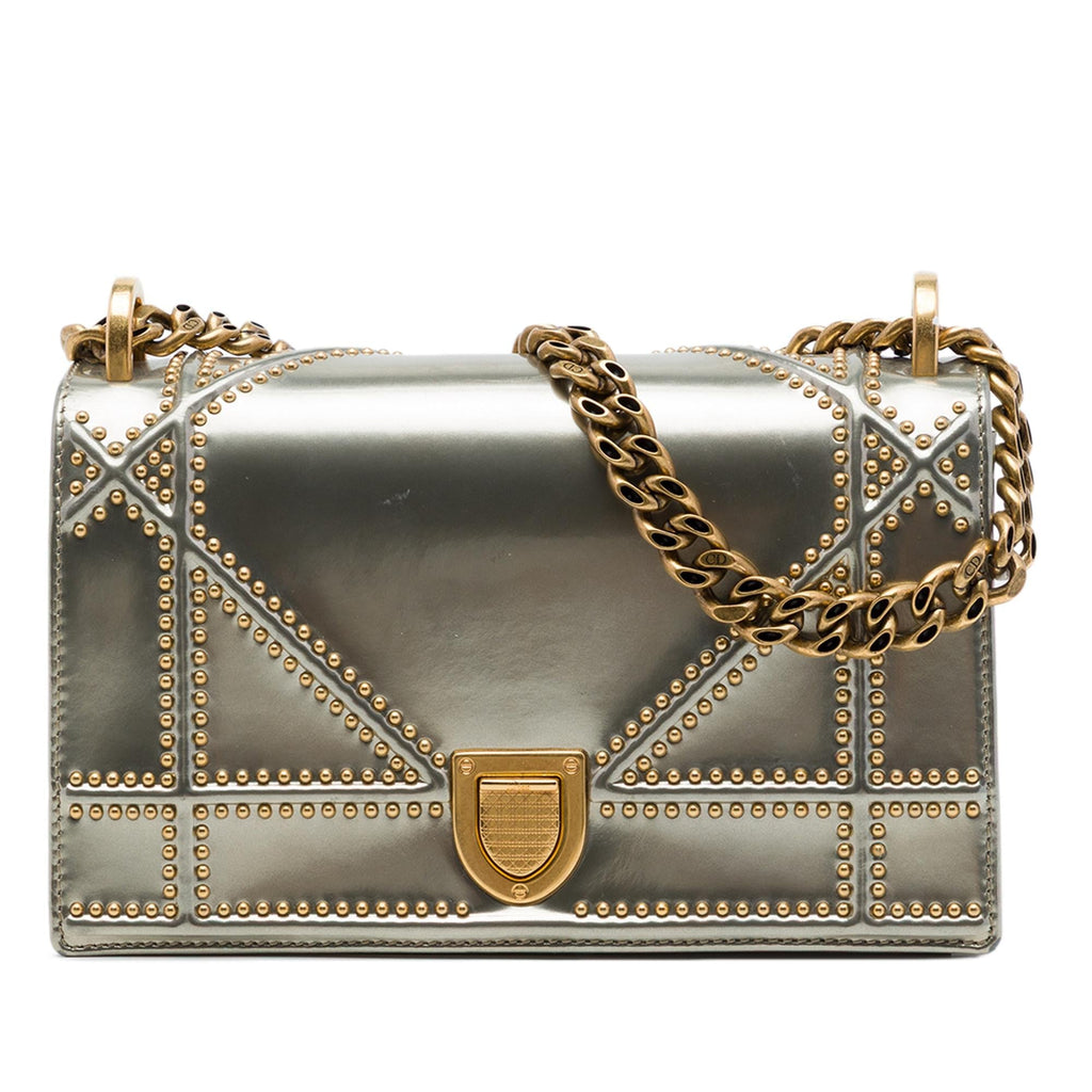 Dior Small Studded Patent Diorama Flap Crossbody Bag - Silver