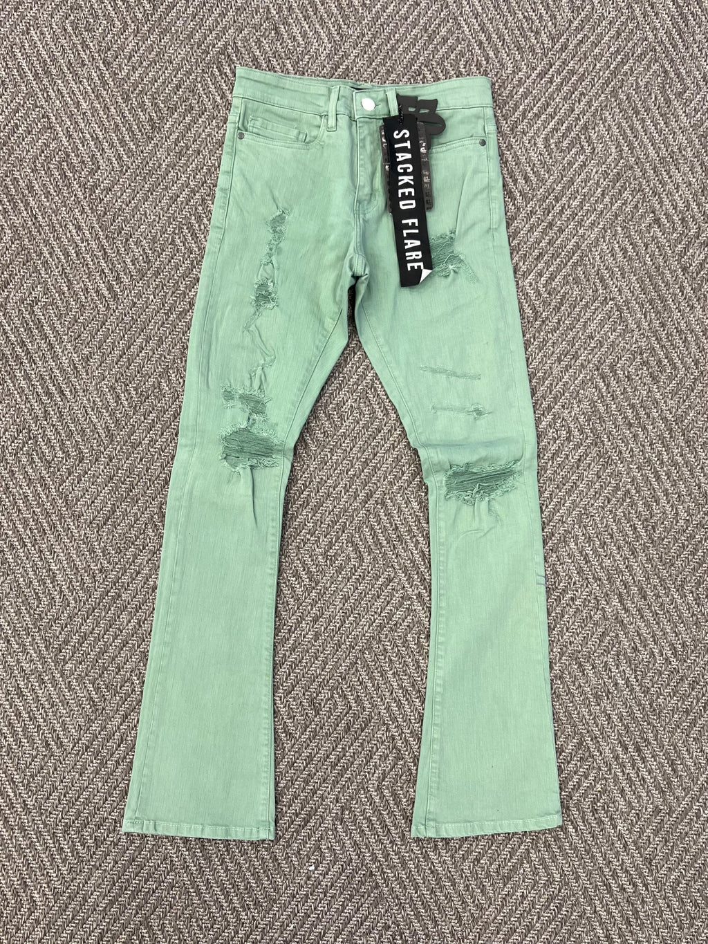 STYLO DENIM MINT GREEN STACKED FLARE JEANS