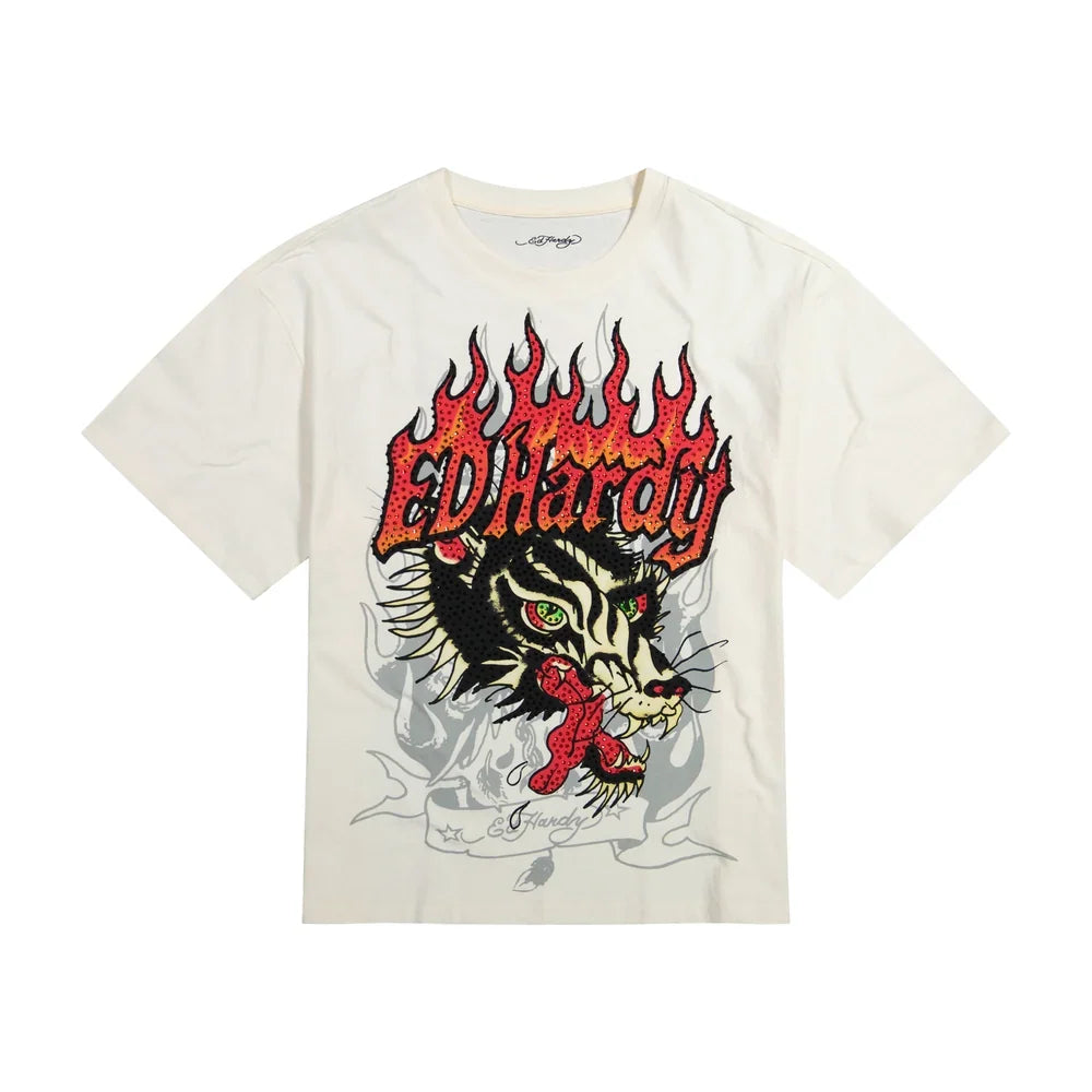 ED HARDY WOLF HEAD RHINESTONE BOXY TEE IVORY
