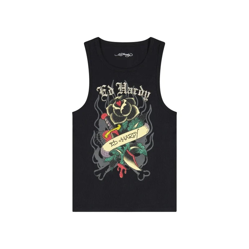 ED HARDY BLACK ROSE RHINESTONE TANK BLACK