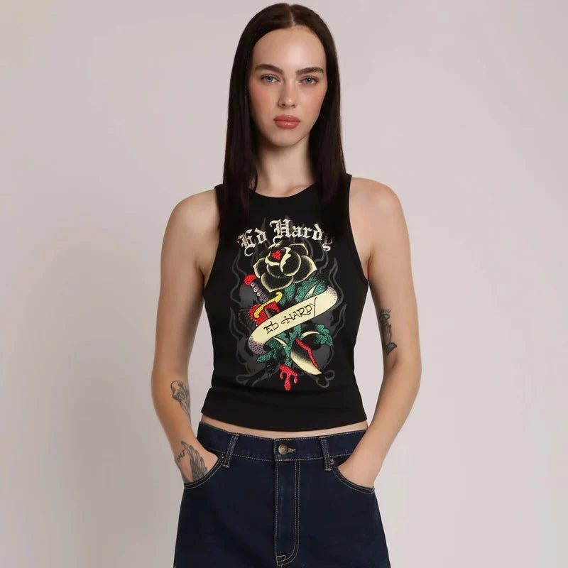ED HARDY BLACK ROSE RHINESTONE TANK BLACK