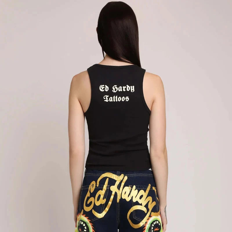 ED HARDY BLACK ROSE RHINESTONE TANK BLACK