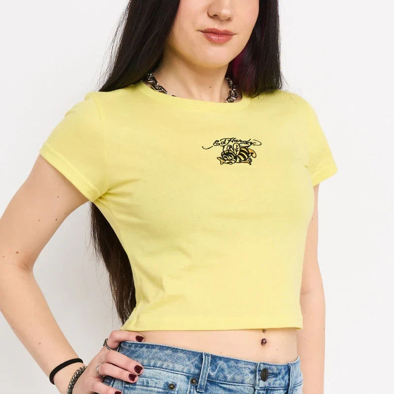 ED HARDY BUMBLEBEE EMBROIDERED BABY TEE LEMON