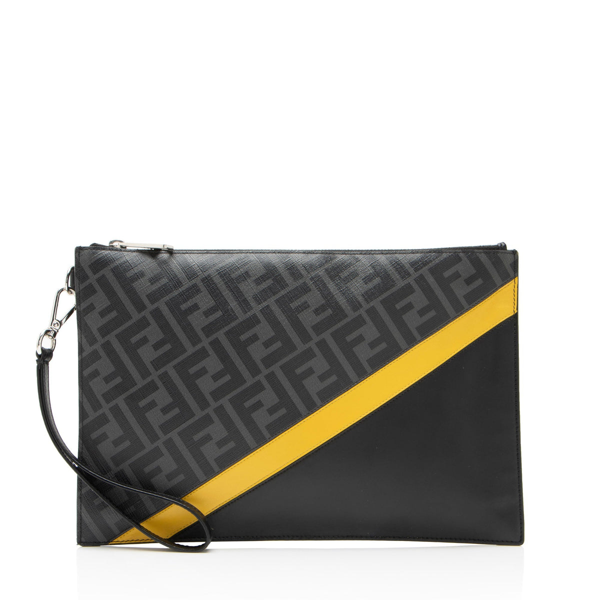 Fendi Coated Canvas FF Diagonal Clutch - Black/Grey/Yellow
