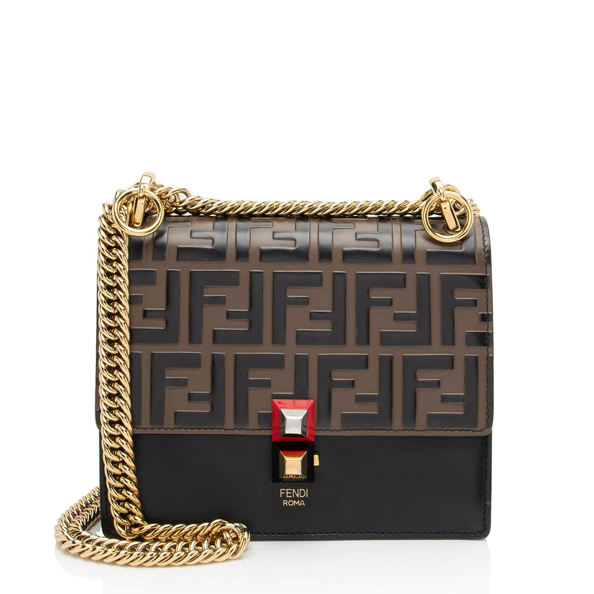 Fendi FF Embossed Calfskin Kan I Small Shoulder Bag - FINAL SALE - Black/Brown