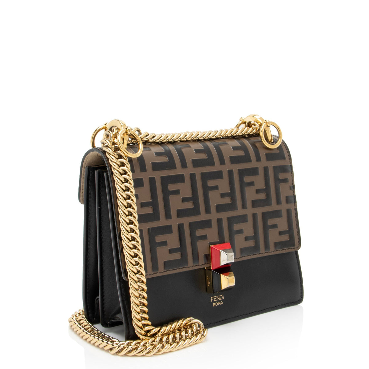 Fendi FF Embossed Calfskin Kan I Small Shoulder Bag - FINAL SALE - Black/Brown