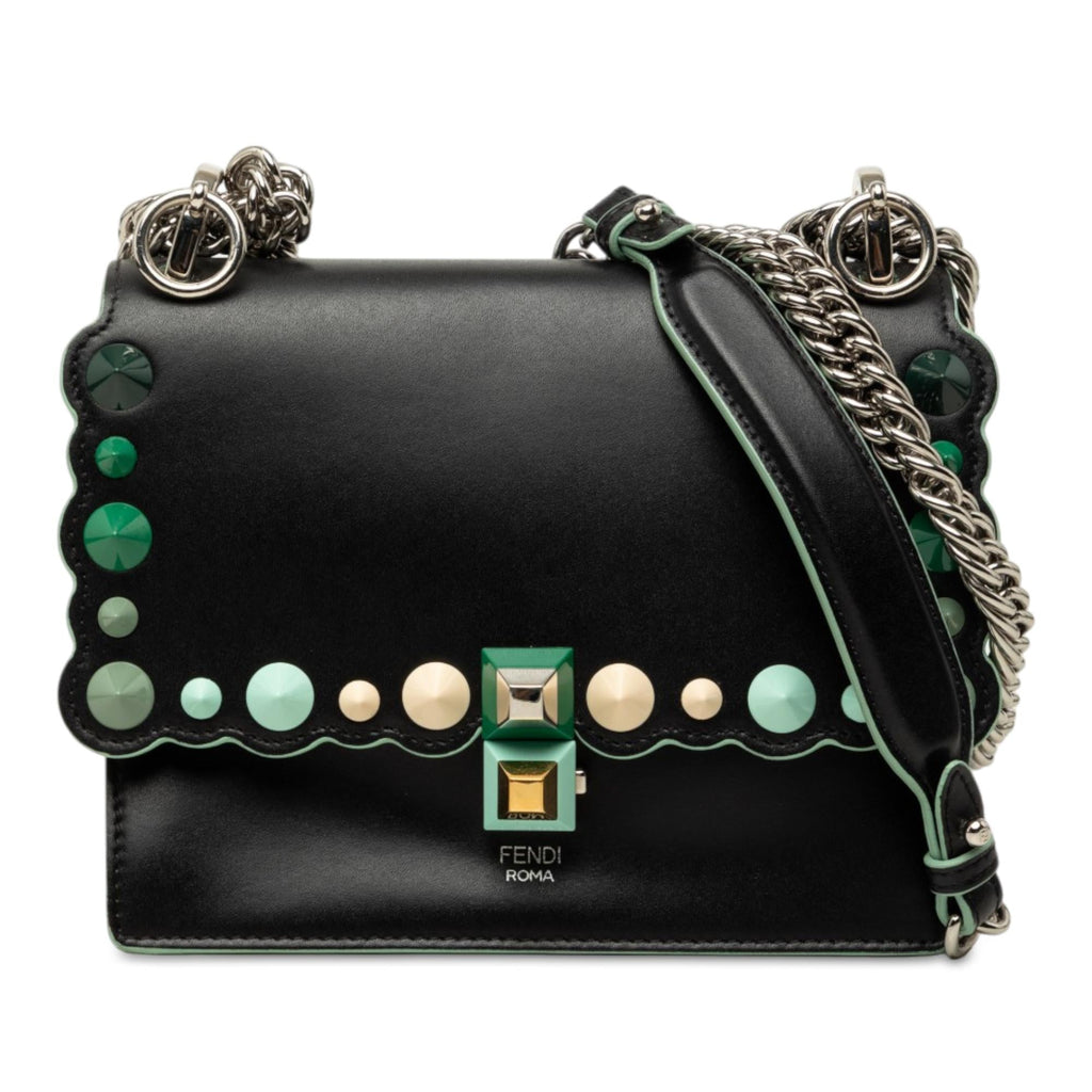 Fendi Mini Scalloped Leather and Acrylic Studs Kan I Crossbody Bag - Black