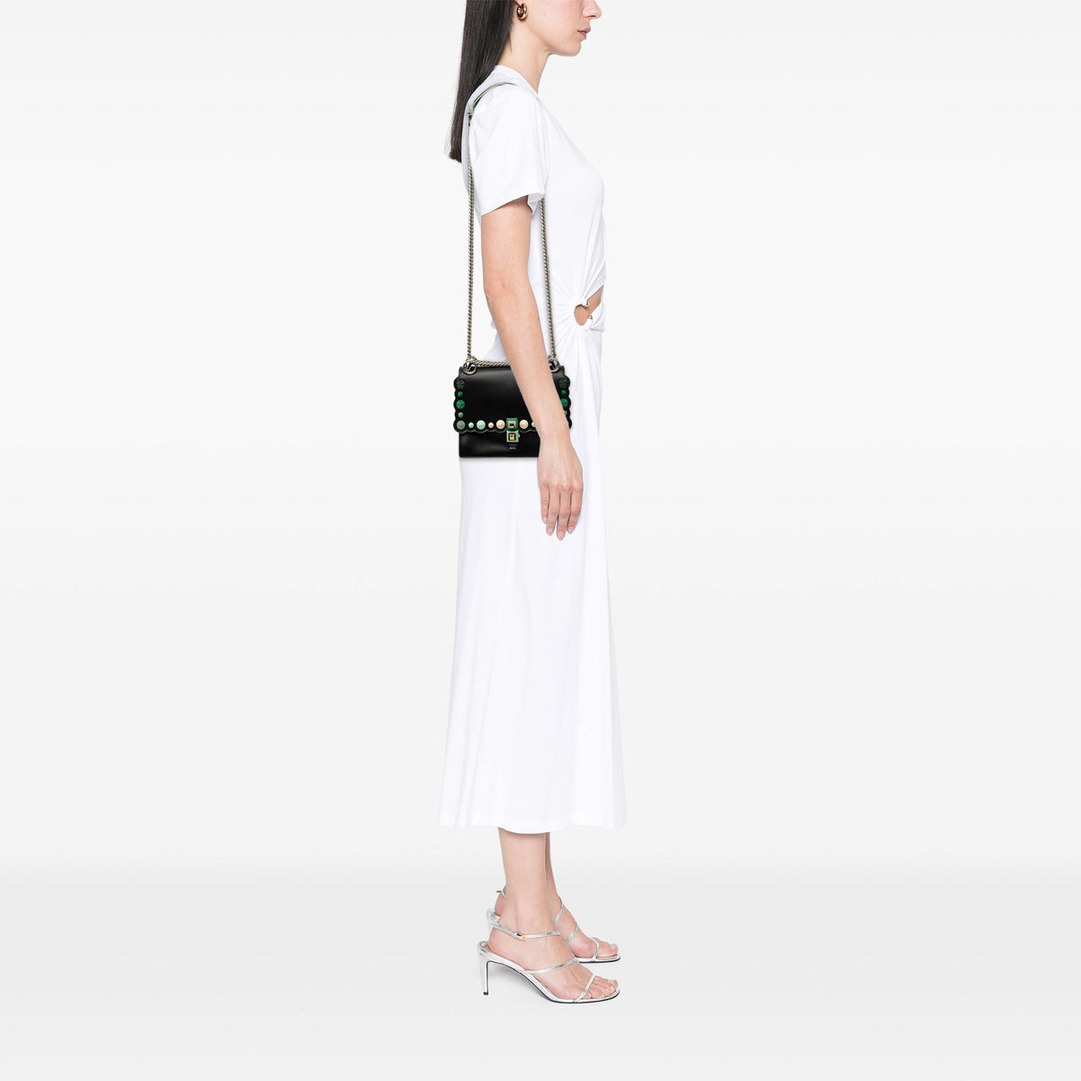 Fendi Mini Scalloped Leather and Acrylic Studs Kan I Crossbody Bag - Black