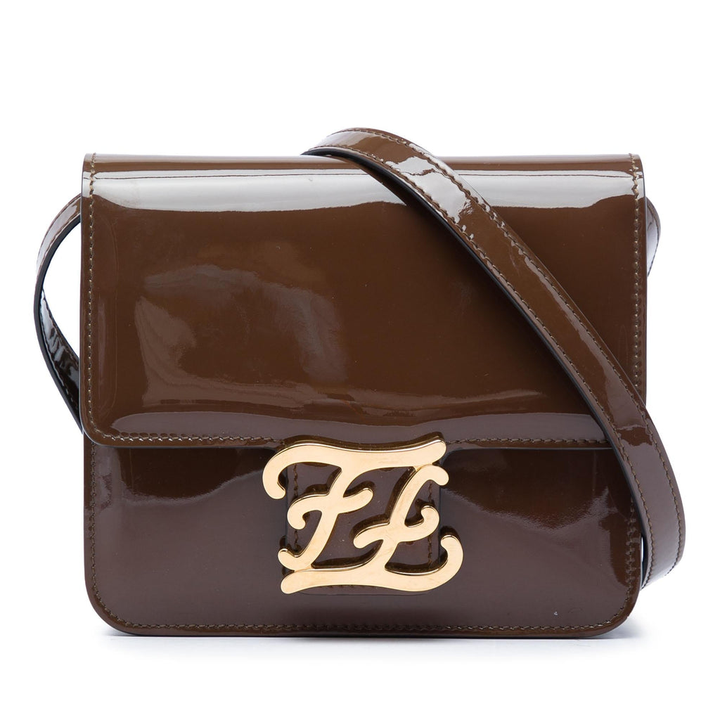 Fendi Patent Karligraphy Crossbody Bag - Brown