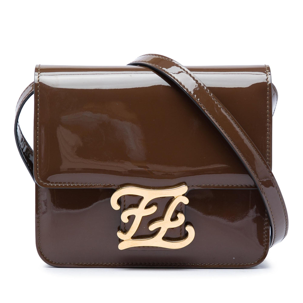 Fendi Patent Karligraphy Crossbody Bag - Brown