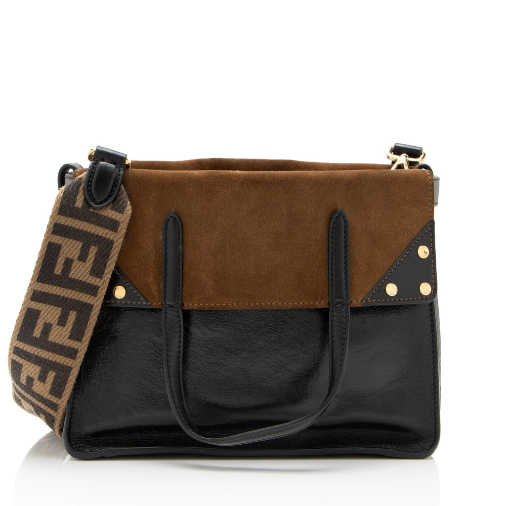 Fendi Suede Glazed Calfskin Grace Flip Tote Bag - Black/Brown