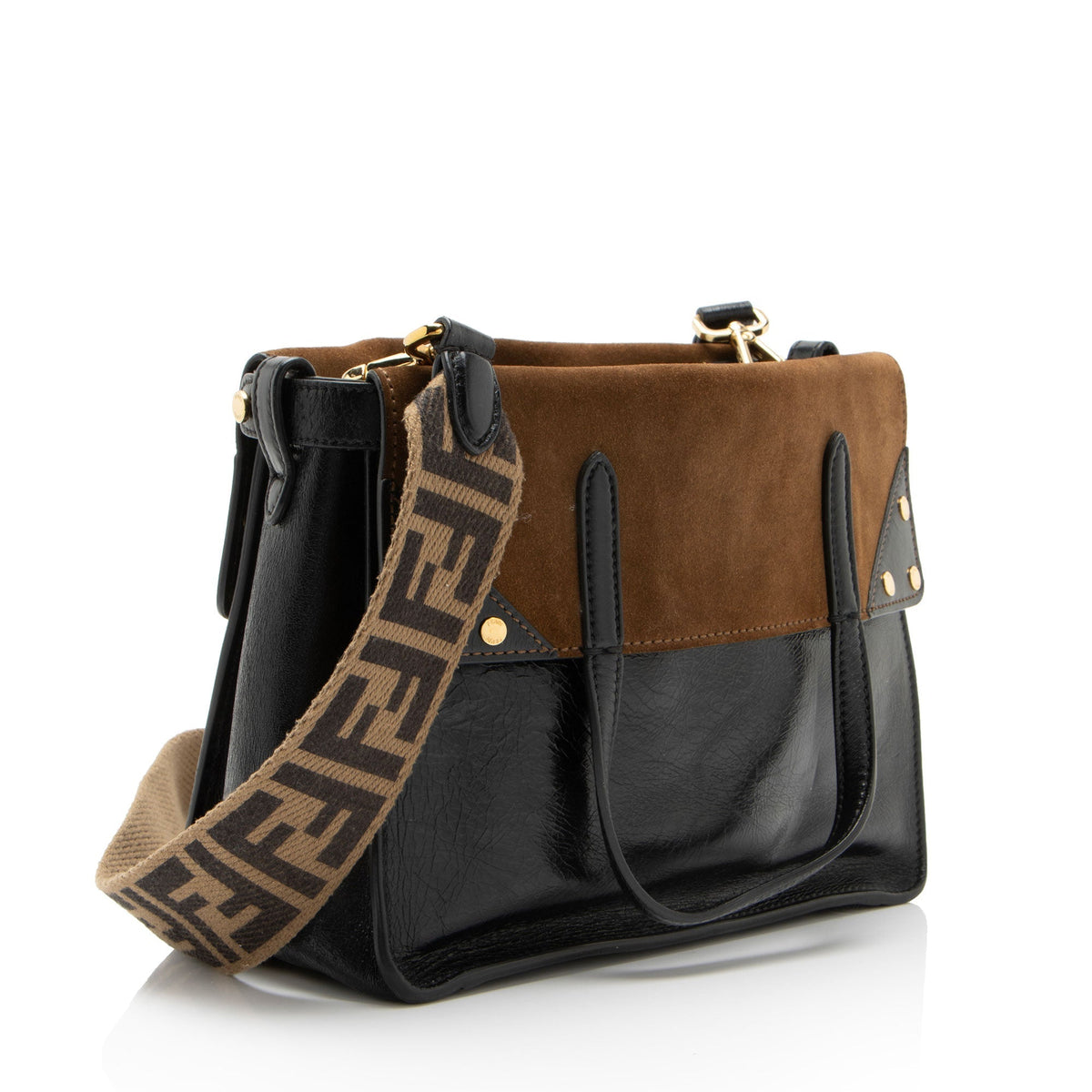 Fendi Suede Glazed Calfskin Grace Flip Tote Bag - Black/Brown