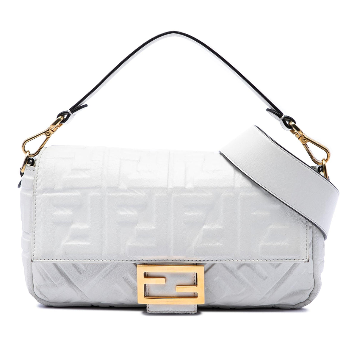 Fendi Zucca Embossed Leather Baguette Satchel - White