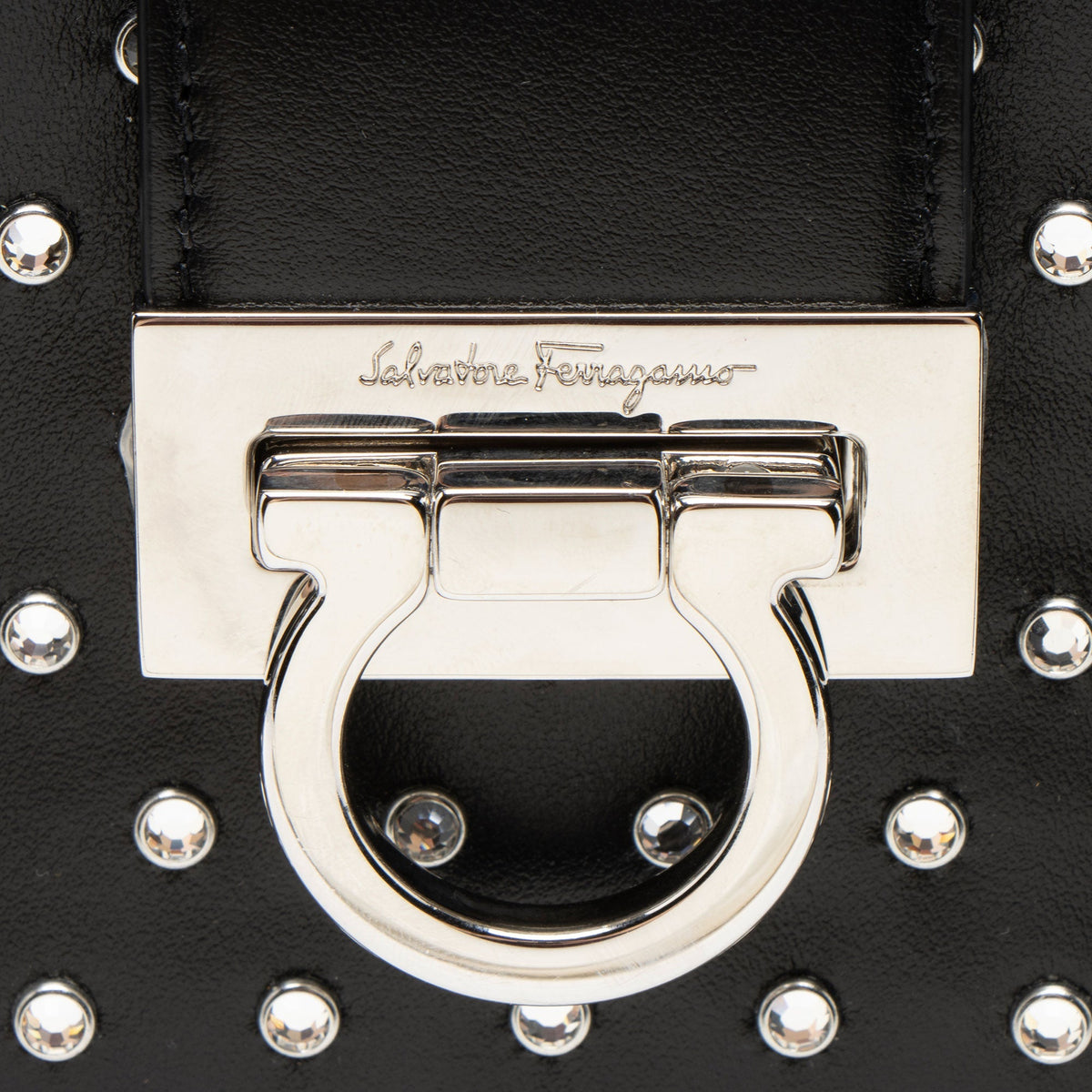Ferragamo Leather Crystal Trifolio Chain Shoulder Bag - Black