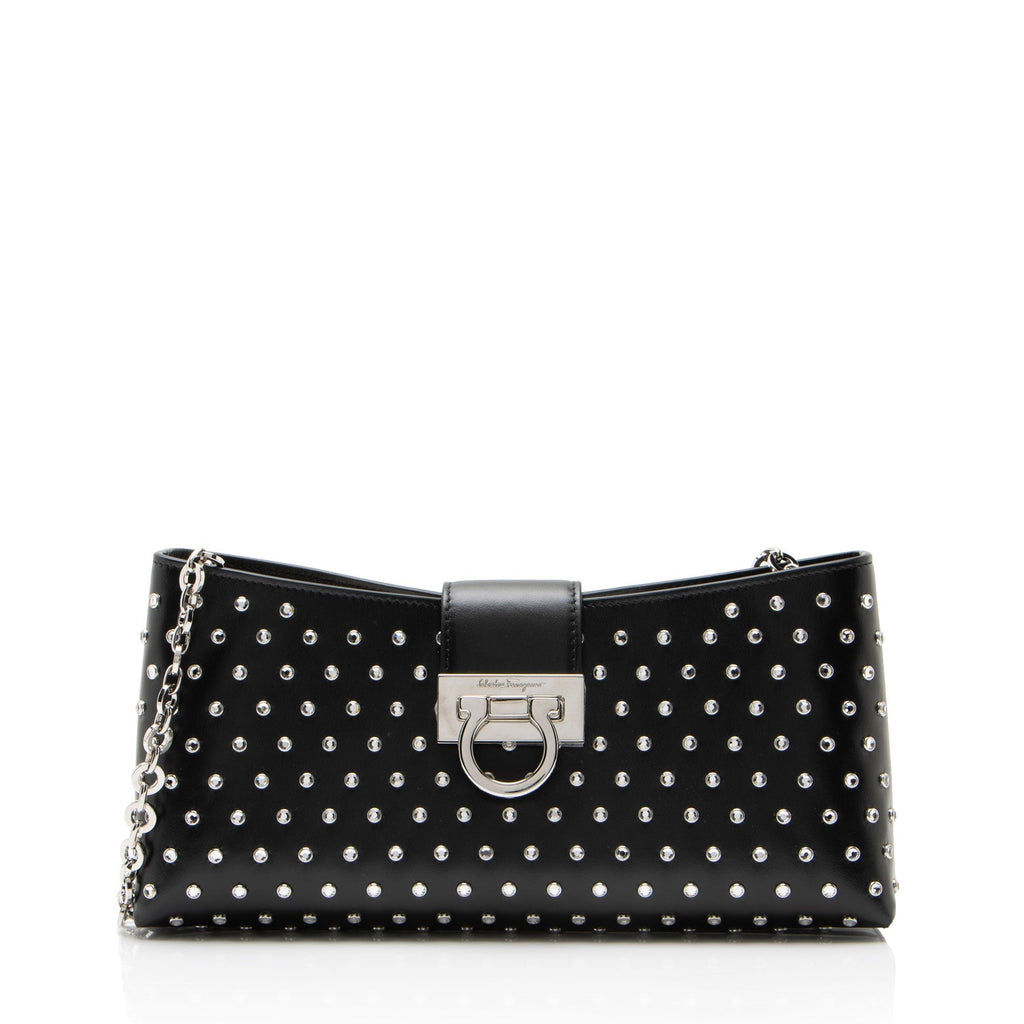 Ferragamo Leather Crystal Trifolio Chain Shoulder Bag - Black