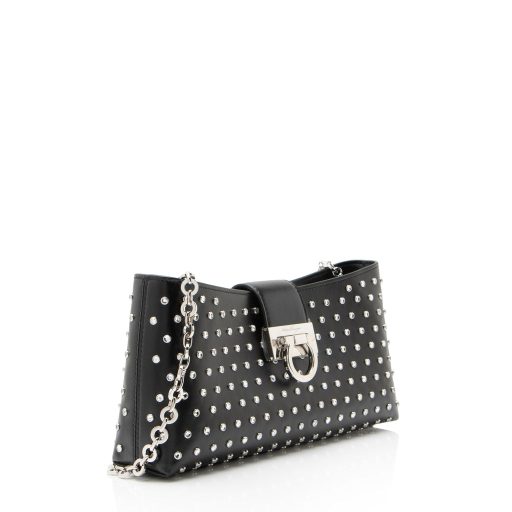 Ferragamo Leather Crystal Trifolio Chain Shoulder Bag - Black