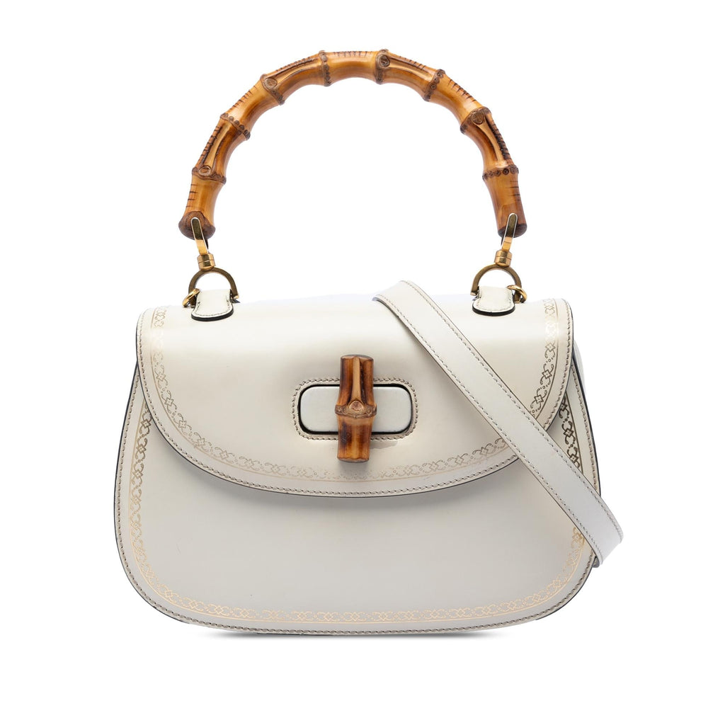 Gucci Calfskin Frame Print Bamboo Top Handle Bag - White