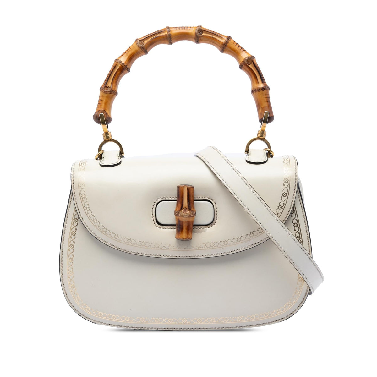 Gucci Calfskin Frame Print Bamboo Top Handle Bag - White