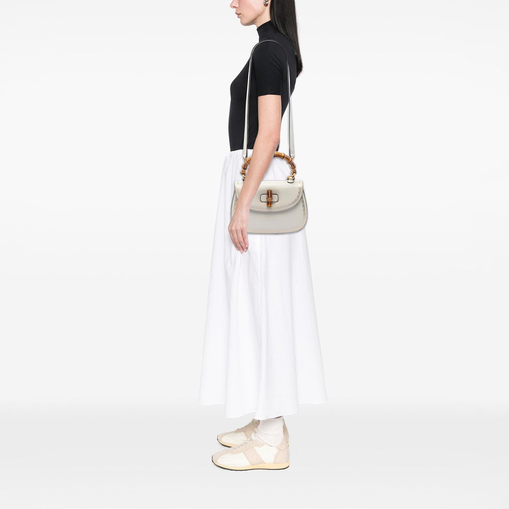 Gucci Calfskin Frame Print Bamboo Top Handle Bag - White