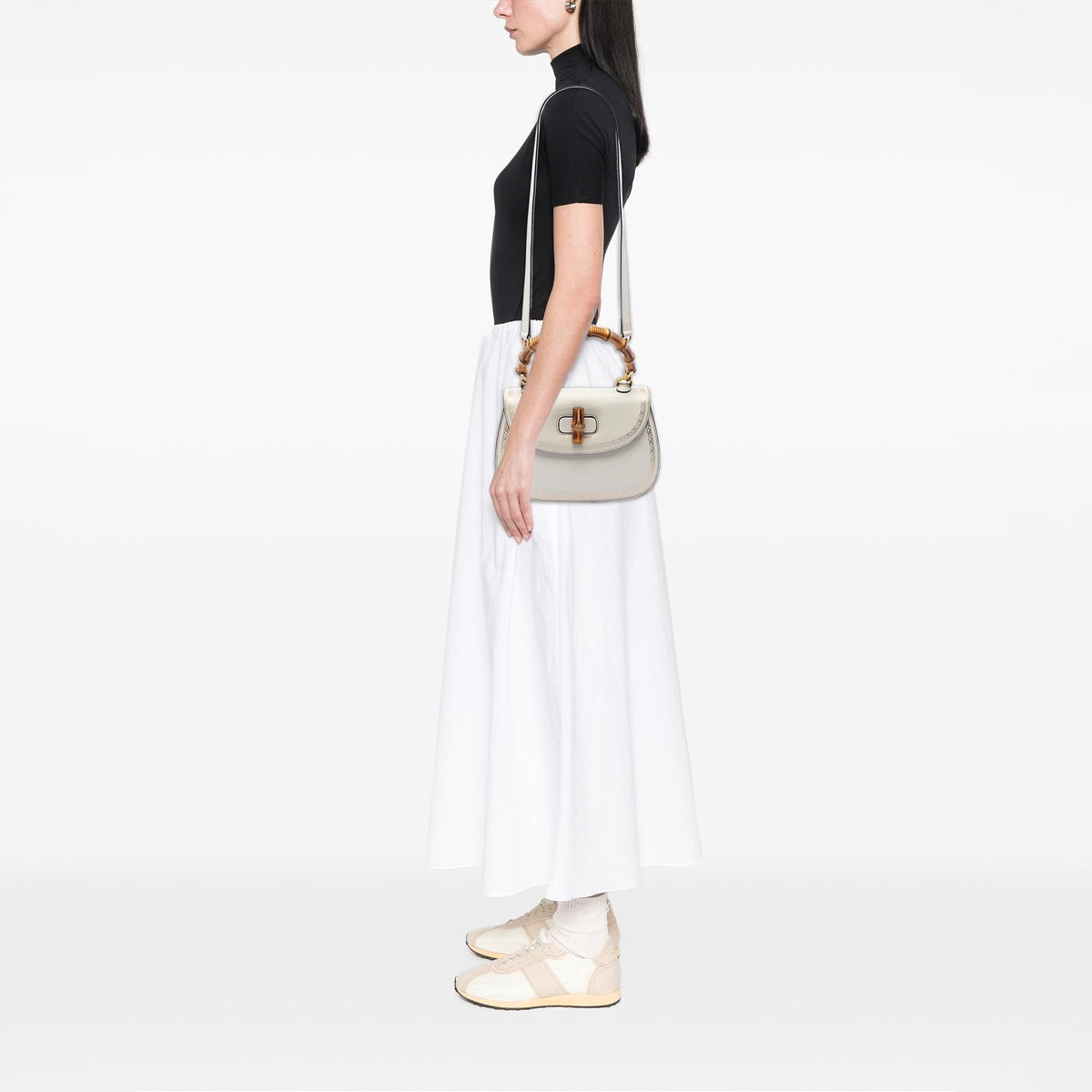 Gucci Calfskin Frame Print Bamboo Top Handle Bag - White