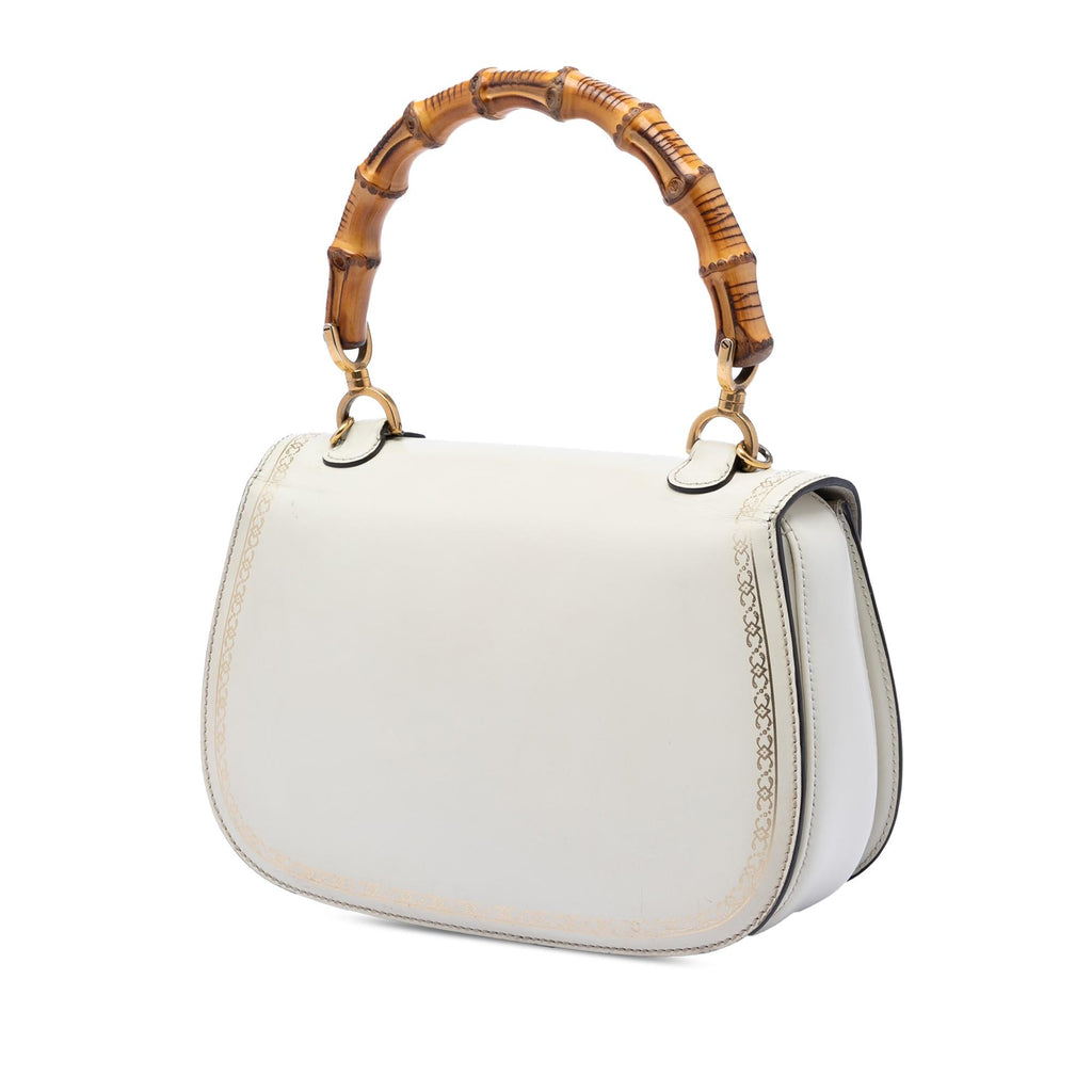 Gucci Calfskin Frame Print Bamboo Top Handle Bag - White