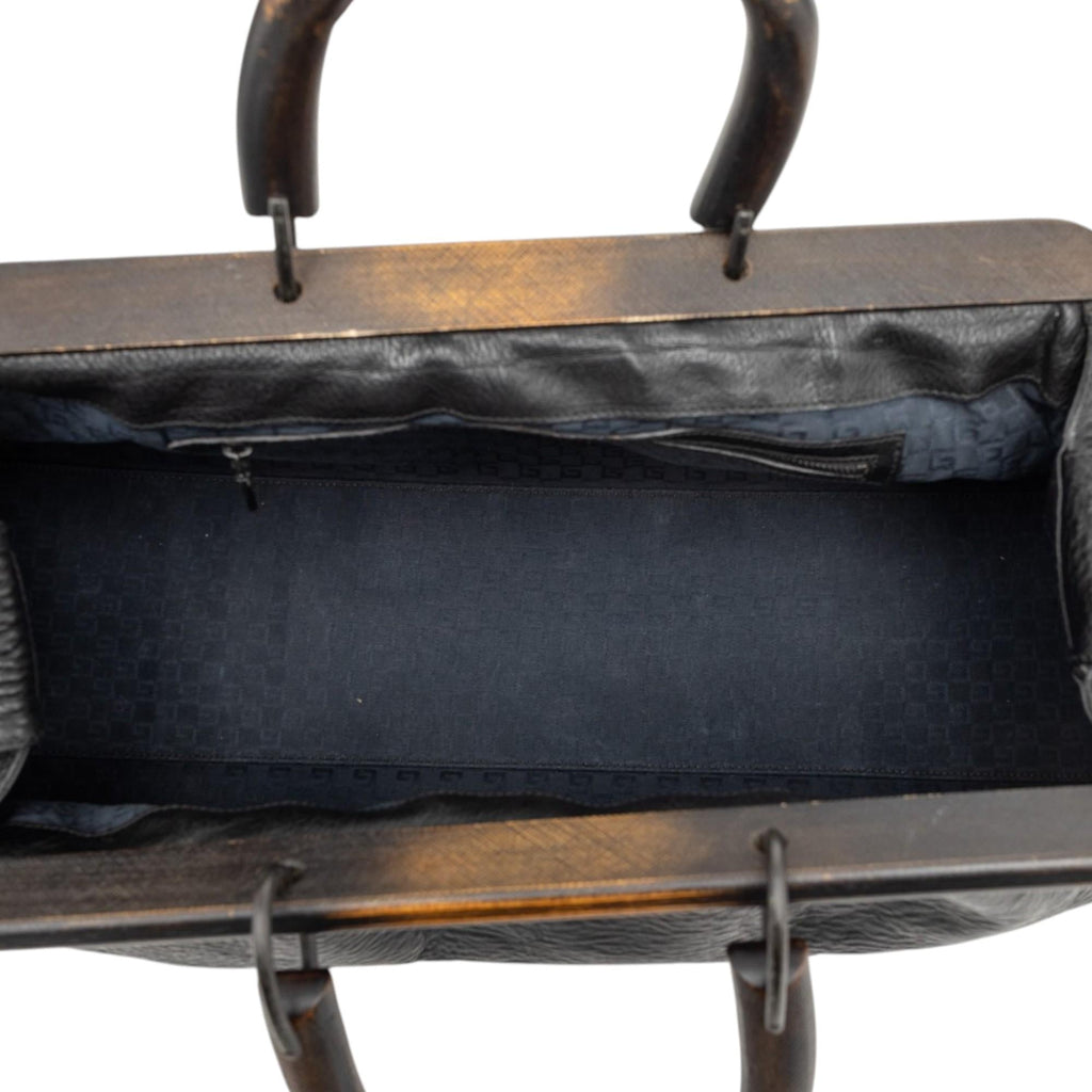 Gucci Calfskin Wood Frame Handbag Satchel - Black