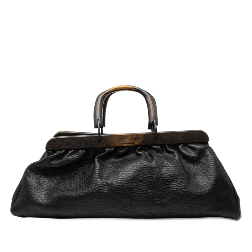 Gucci Calfskin Wood Frame Handbag Satchel - Black