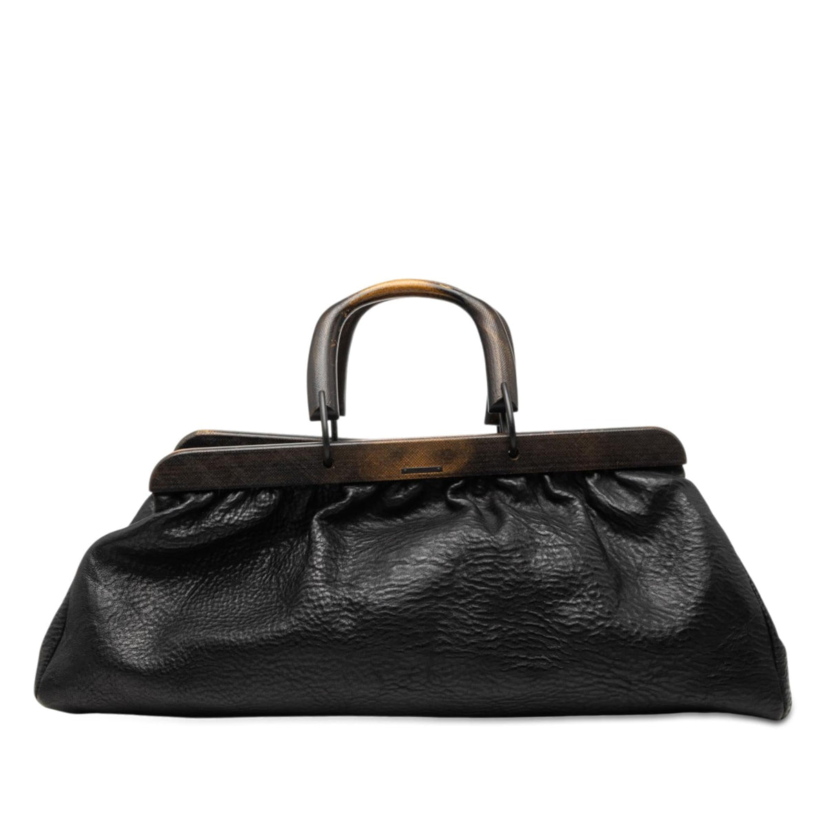 Gucci Calfskin Wood Frame Handbag Satchel - Black