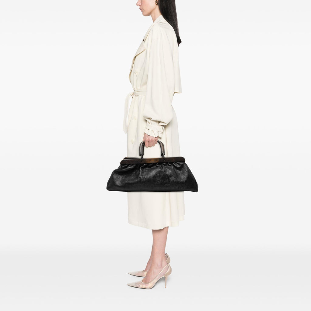 Gucci Calfskin Wood Frame Handbag Satchel - Black