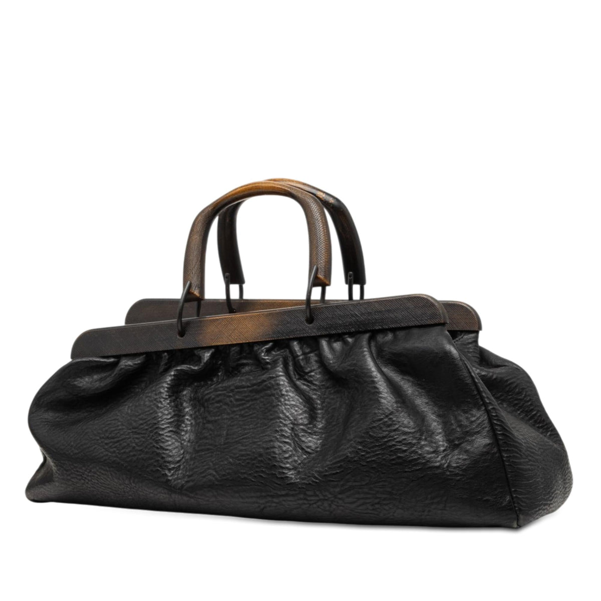 Gucci Calfskin Wood Frame Handbag Satchel - Black