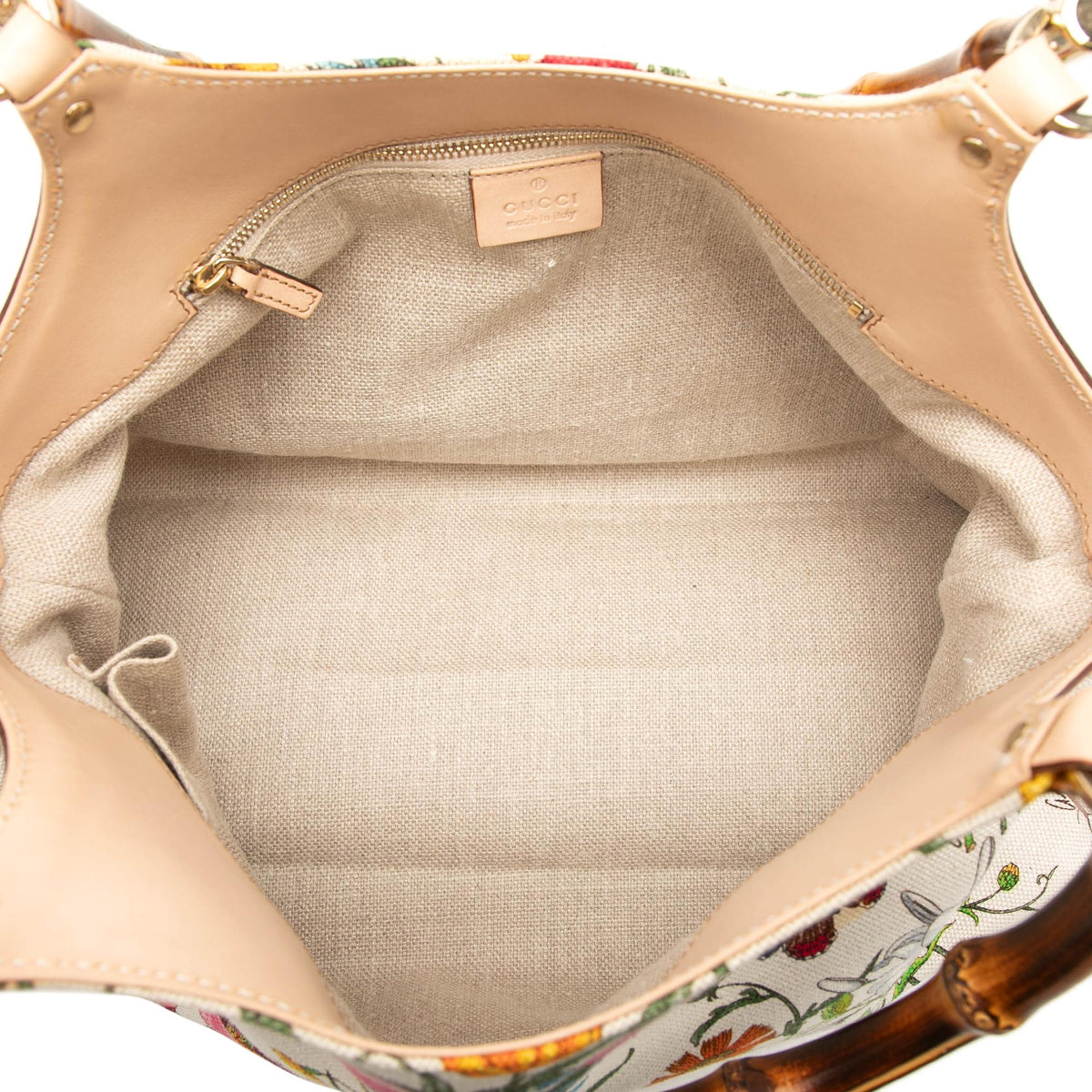 Gucci Flora Canvas Bamboo Handbag Satchel - White
