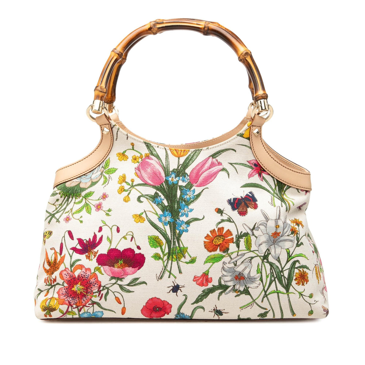 Gucci Flora Canvas Bamboo Handbag Satchel - White