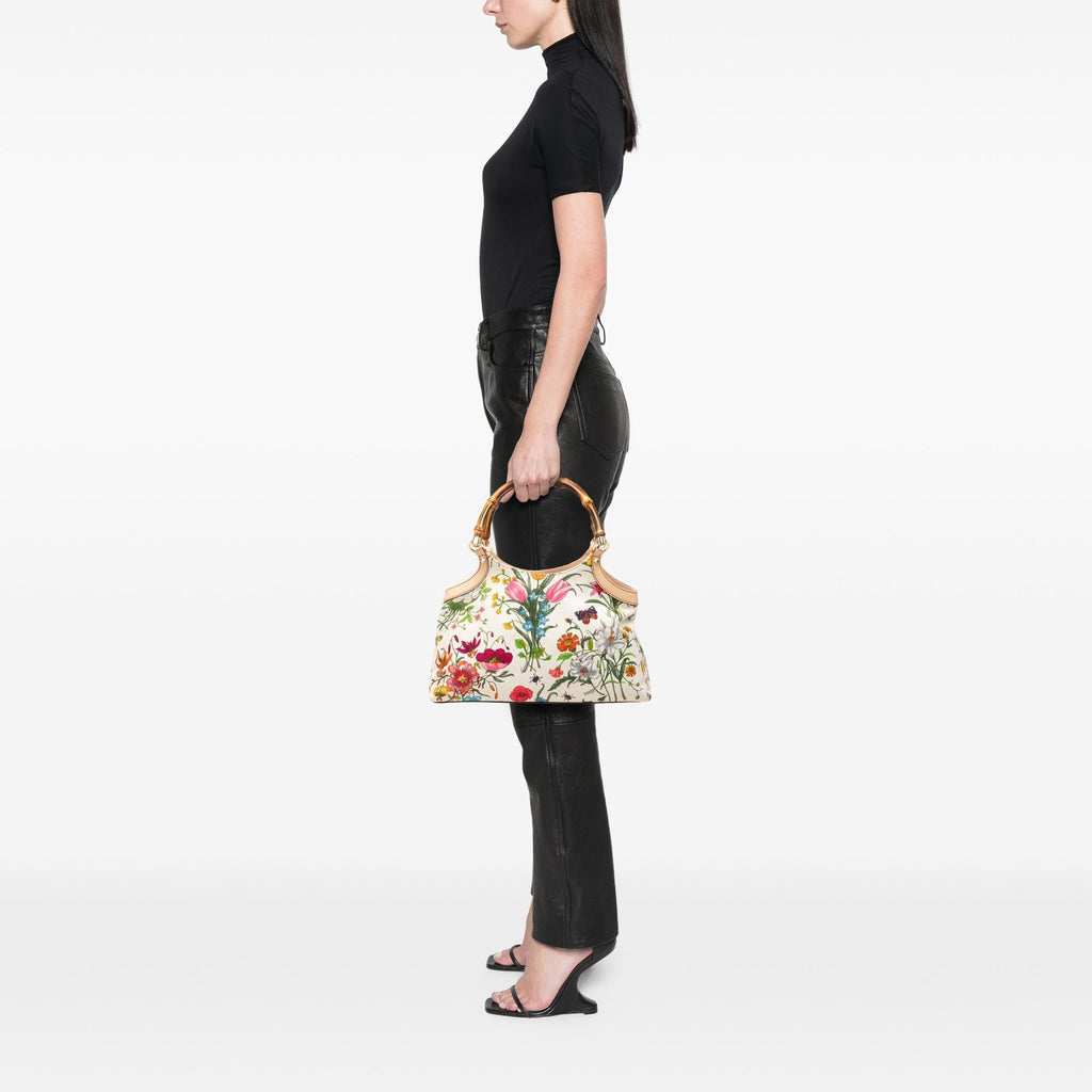 Gucci Flora Canvas Bamboo Handbag Satchel - White