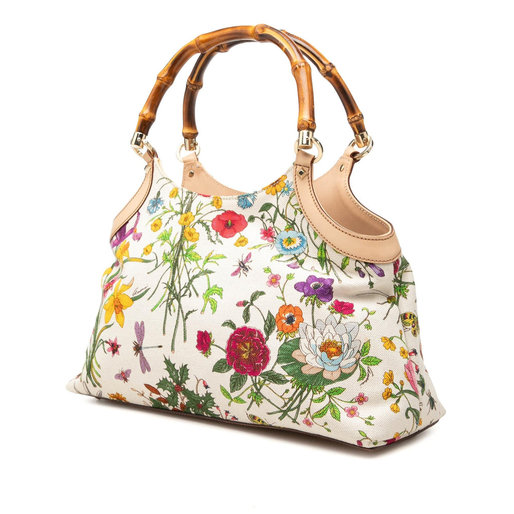Gucci Flora Canvas Bamboo Handbag Satchel - White