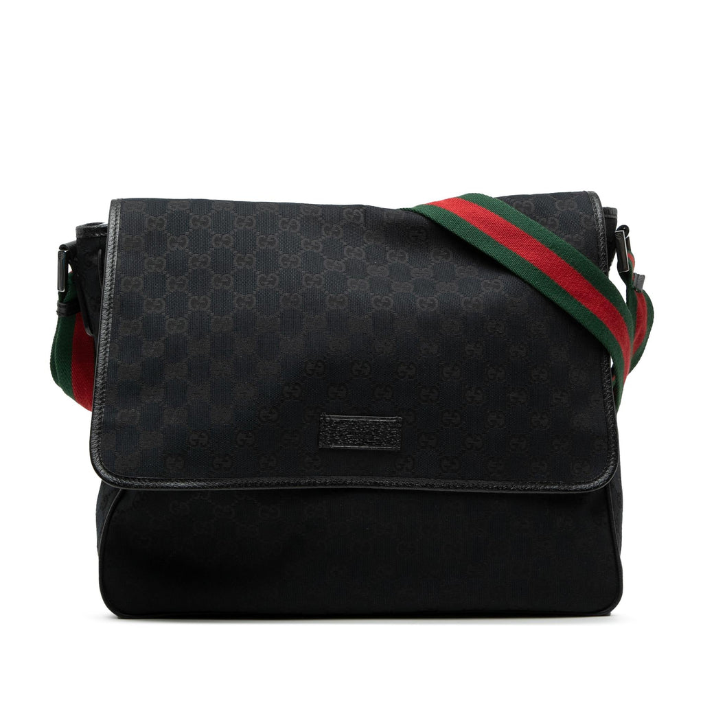 Gucci GG Canvas Web Flap Messenger Bag - Black