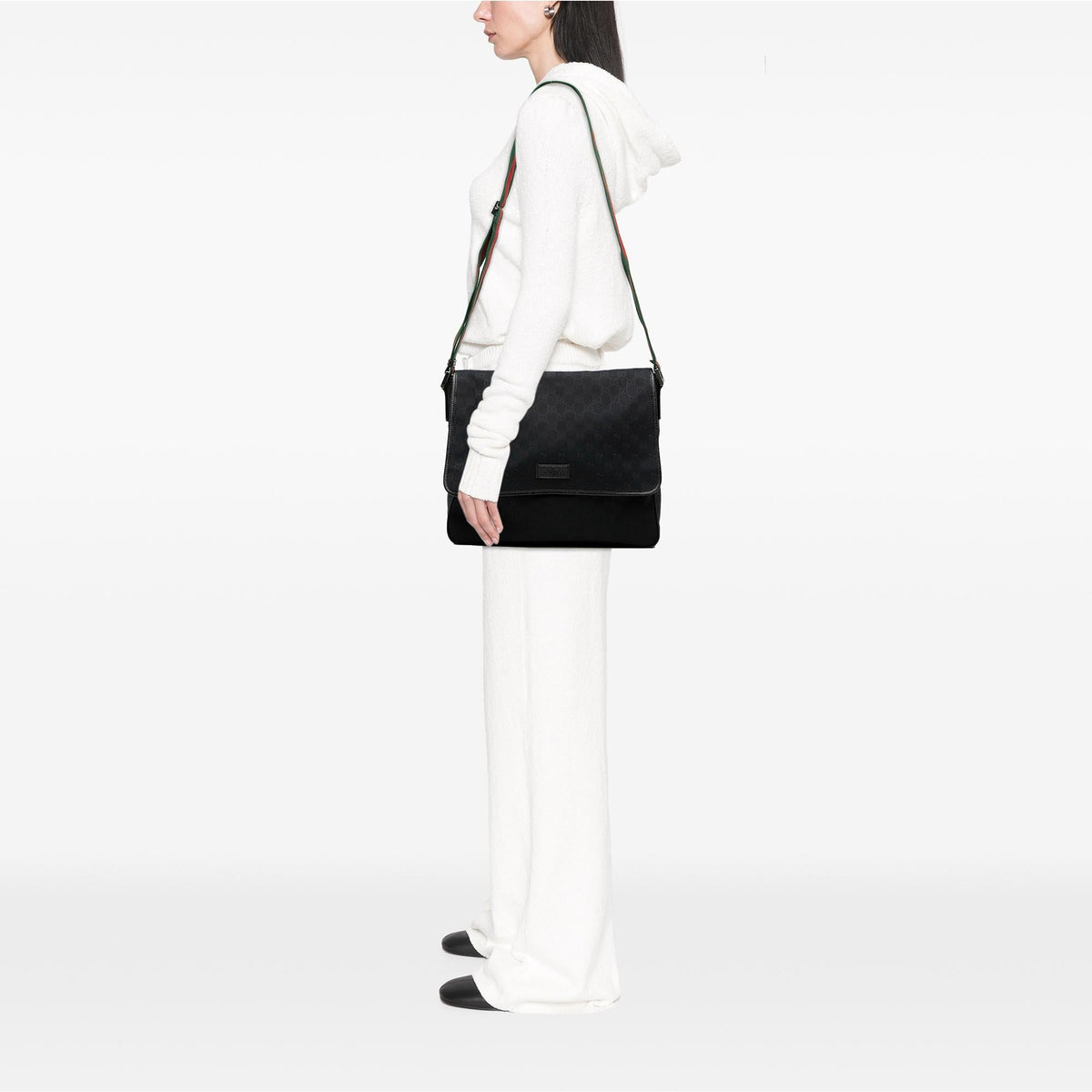 Gucci GG Canvas Web Flap Messenger Bag - Black