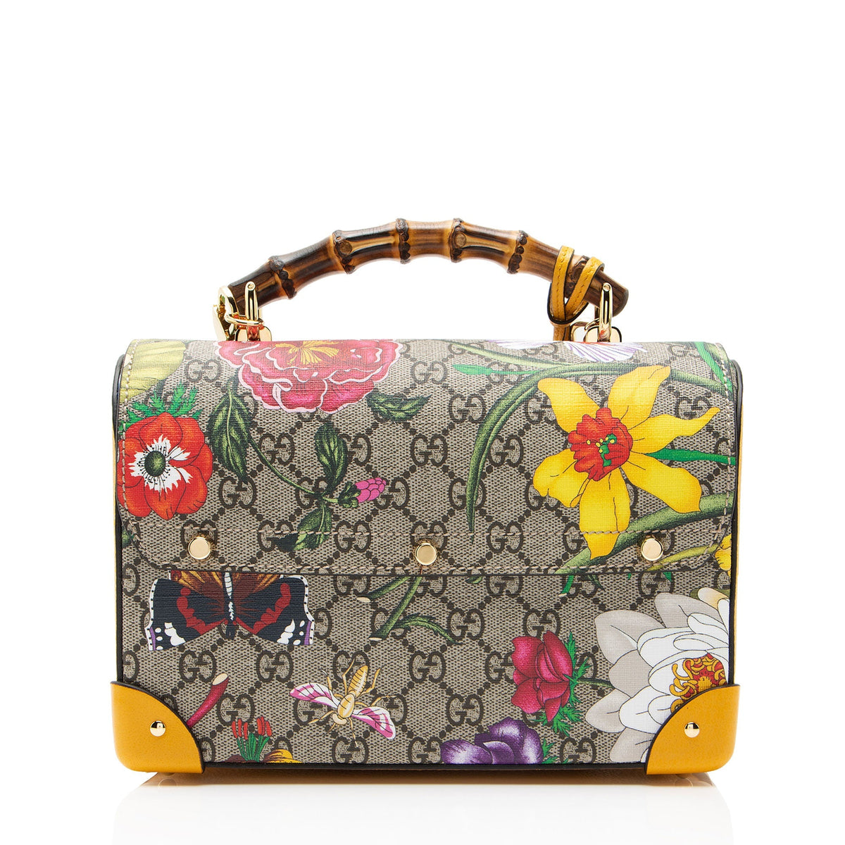 Gucci GG Supreme Flora Bamboo Padlock Top Handle Satchel - Beige/Multi/Yellow