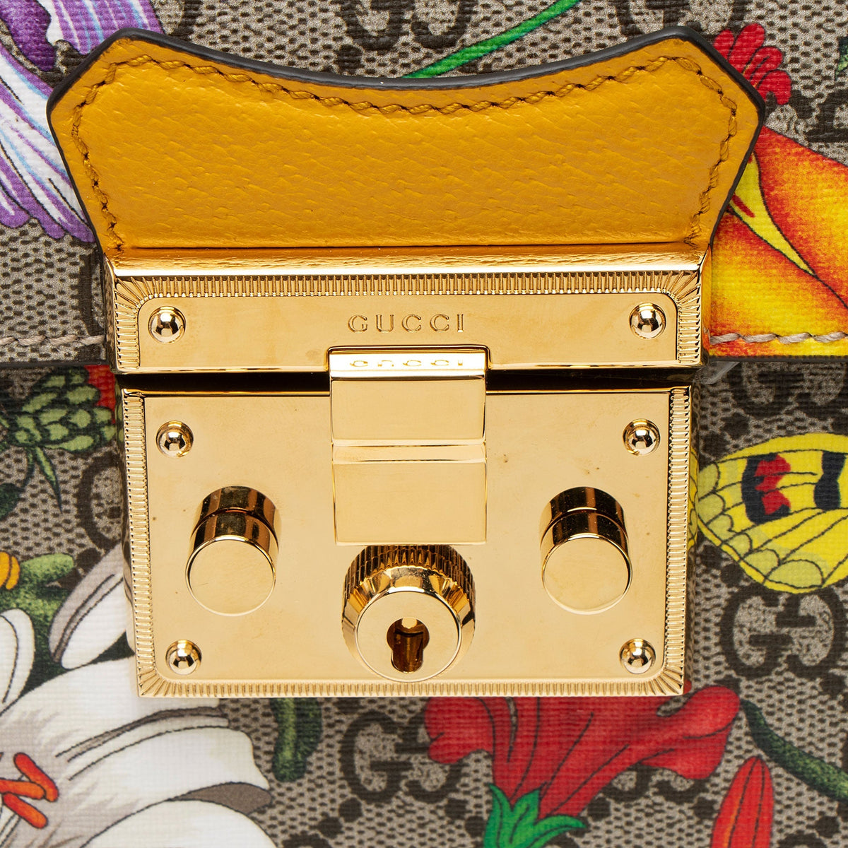 Gucci GG Supreme Flora Bamboo Padlock Top Handle Satchel - Beige/Multi/Yellow