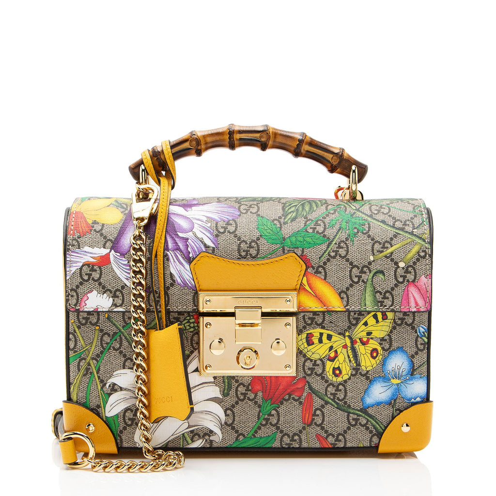 Gucci GG Supreme Flora Bamboo Padlock Top Handle Satchel - Beige/Multi/Yellow