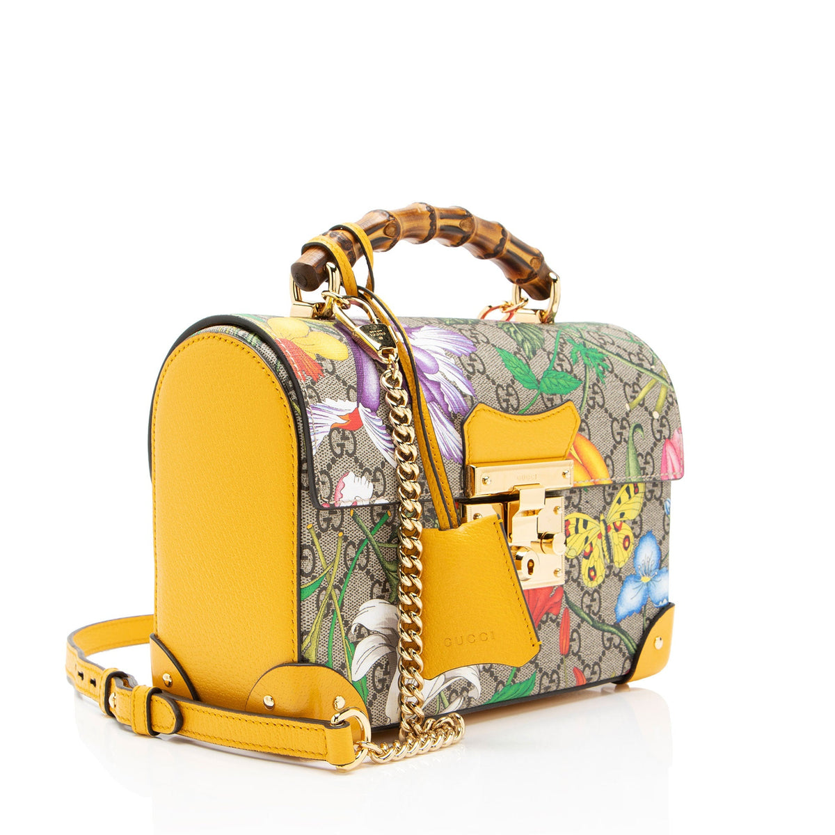 Gucci GG Supreme Flora Bamboo Padlock Top Handle Satchel - Beige/Multi/Yellow