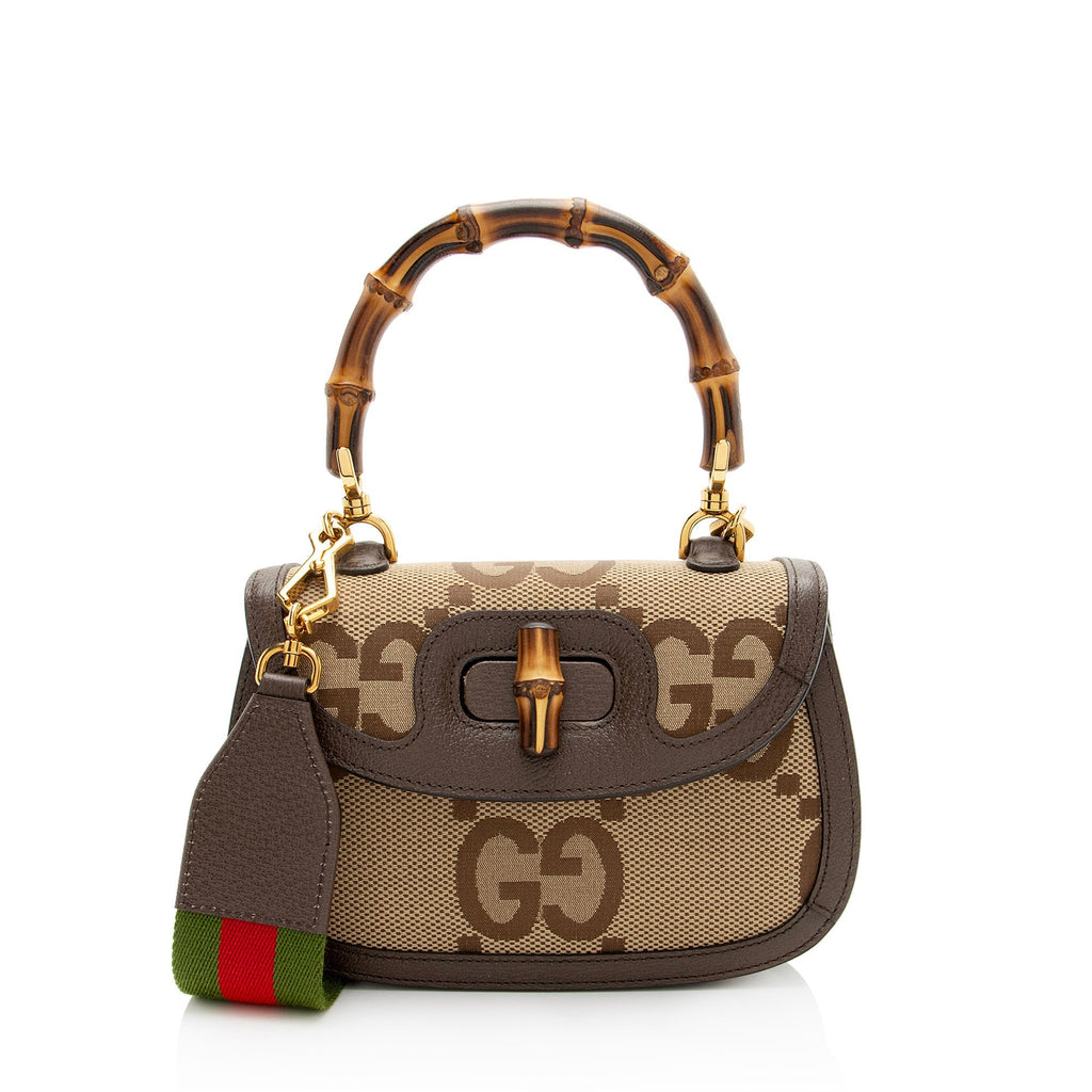 Gucci Jumbo GG Canvas Bamboo 1947 Small Top Handle Crossbody Bag - Brown