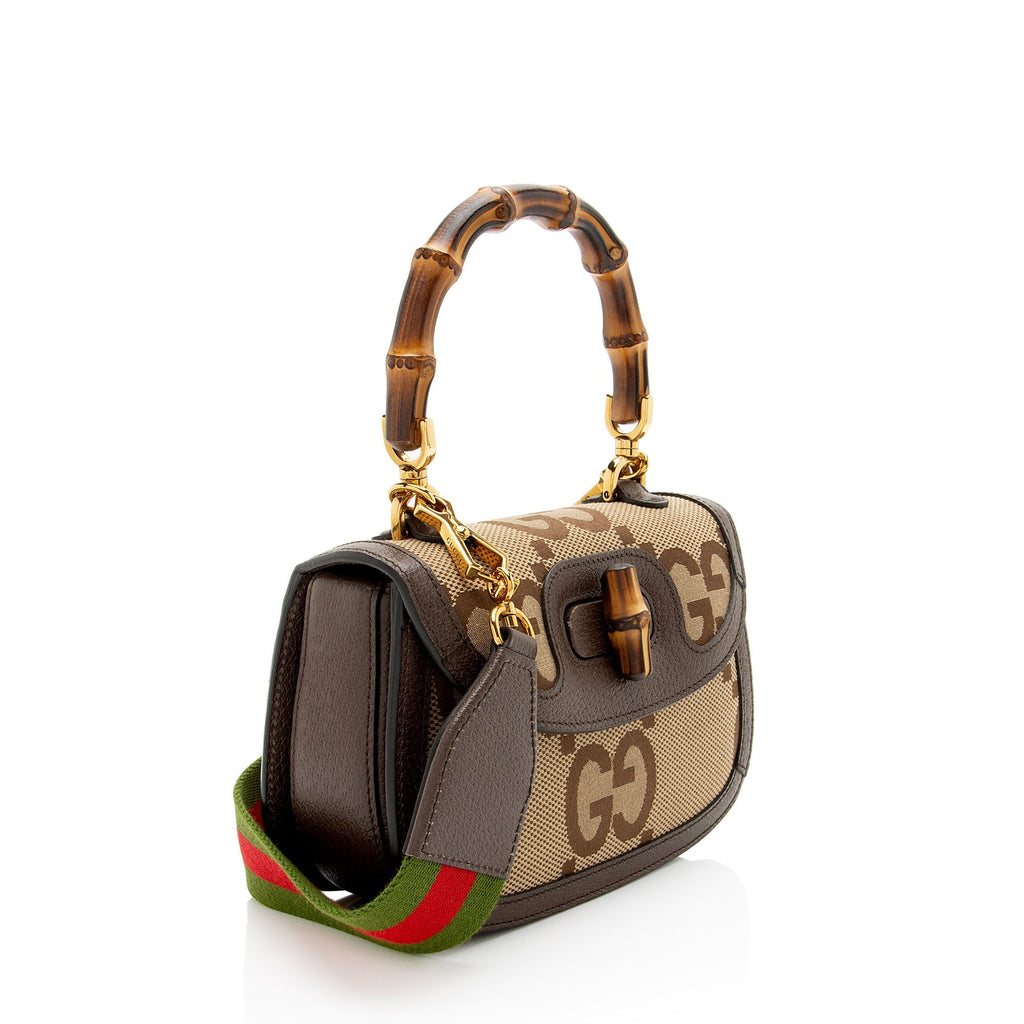 Gucci Jumbo GG Canvas Bamboo 1947 Small Top Handle Crossbody Bag - Brown