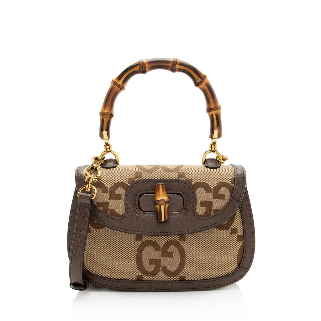 Gucci Jumbo GG Canvas Bamboo 1947 Small Top Handle Crossbody Bag - Brown