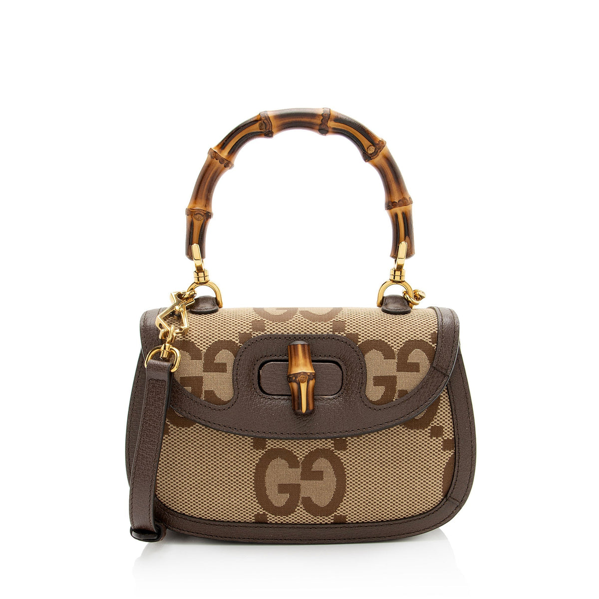 Gucci Jumbo GG Canvas Bamboo 1947 Small Top Handle Crossbody Bag - Brown