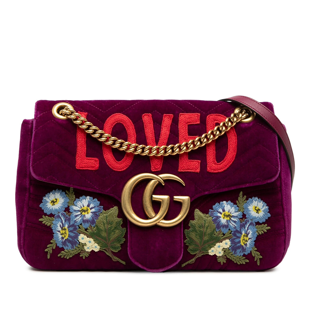 Gucci Large GG Marmont Embroidered Matelasse Velvet Loved Flap Crossbody Bag - Purple