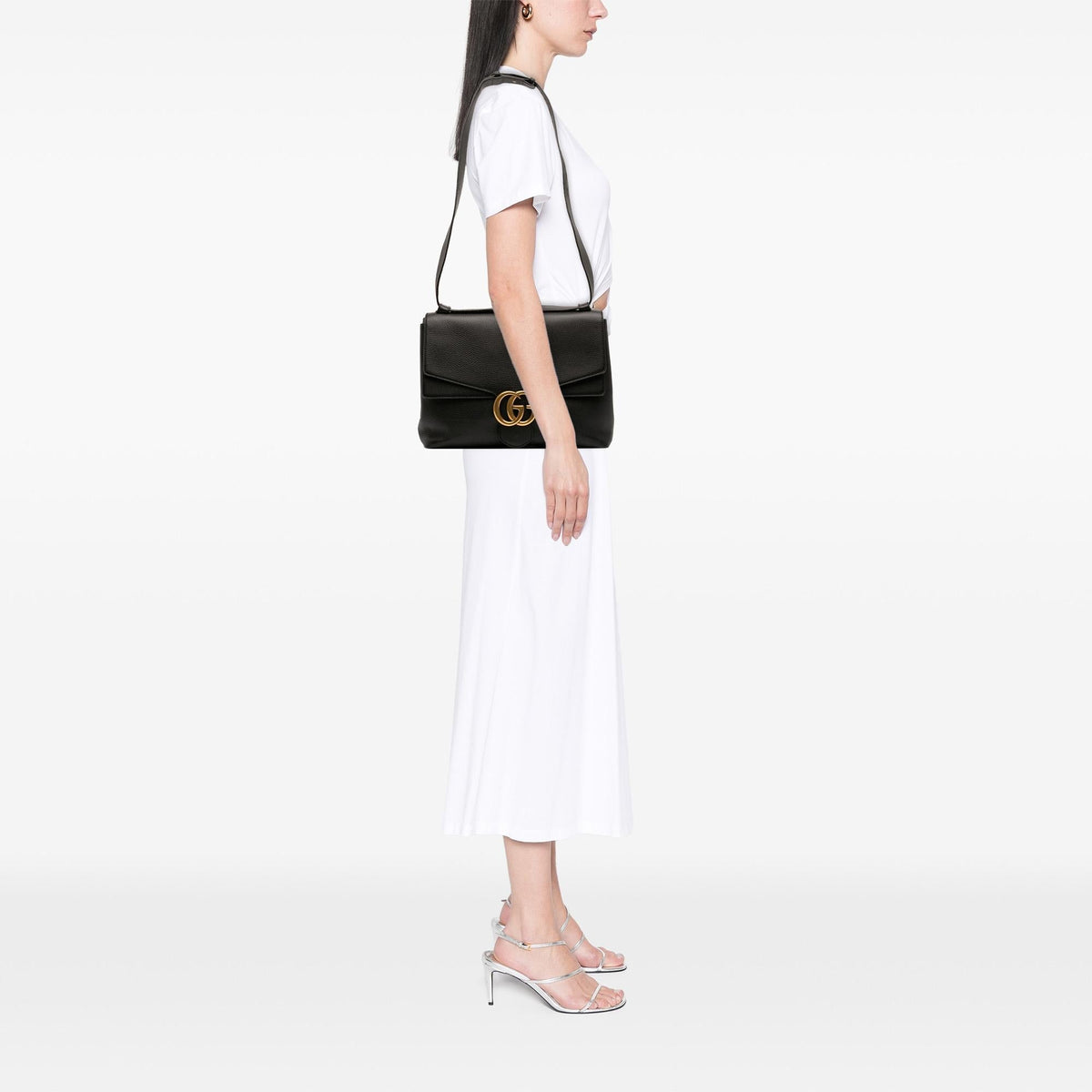 Gucci Large GG Marmont Pebbled Calfskin Flap Shoulder Bag - Black