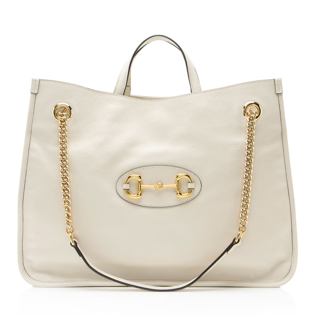Gucci Leather Horsebit 1955 Chain Large Tote Bag - White