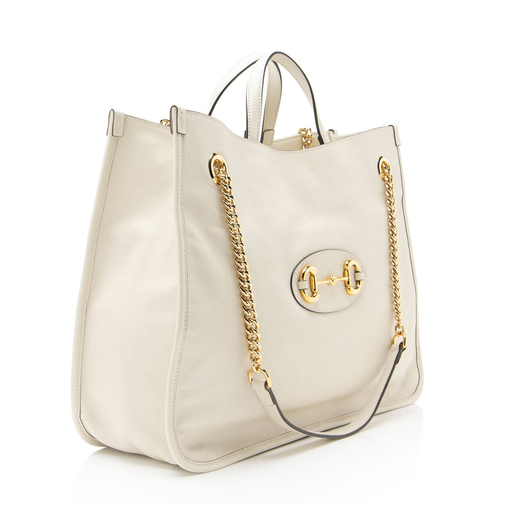 Gucci Leather Horsebit 1955 Chain Large Tote Bag - White